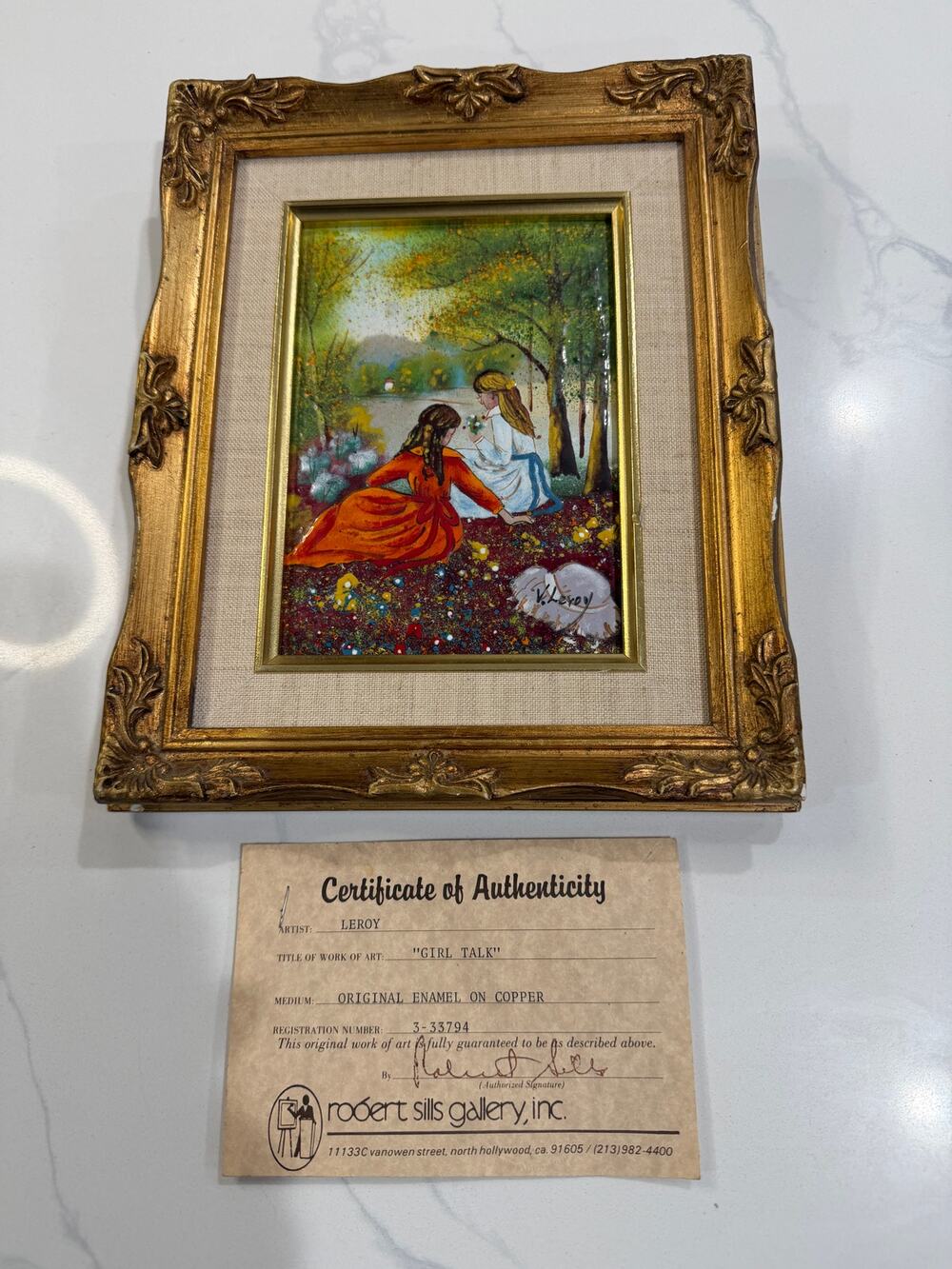 Vintage Signed Leroy "Girl Talk" Enamel on Copper Framed Painting w/ COA